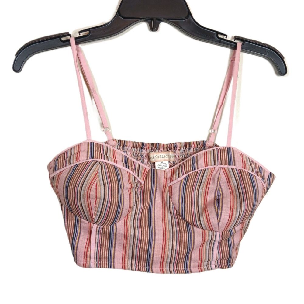 Corset Crop Tank Top Womens M Pink Smocked Back Striped Bodice 90s Y2K Festival